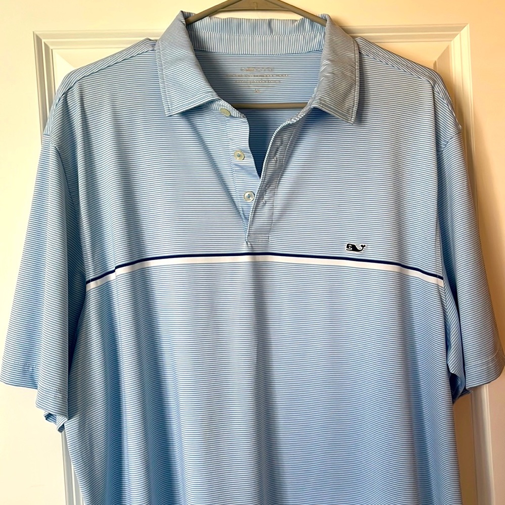 Vineyard Vines Light Blue Striped Polo with Navy Accent